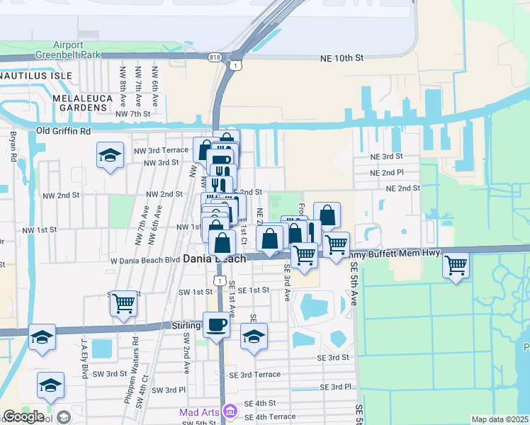 map of restaurants, bars, coffee shops, grocery stores, and more near 114 Northeast 2nd Avenue in Dania Beach