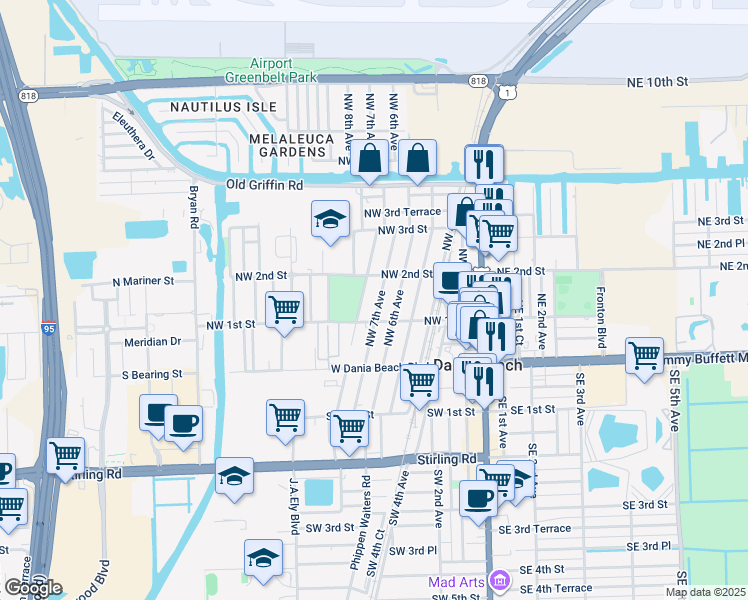 map of restaurants, bars, coffee shops, grocery stores, and more near 124 Northwest 7th Avenue in Dania Beach