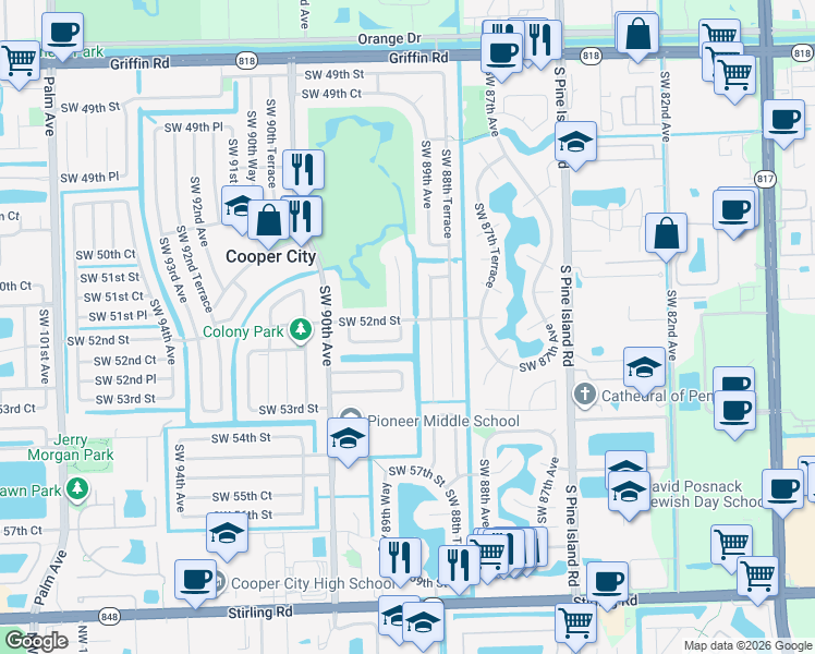 map of restaurants, bars, coffee shops, grocery stores, and more near 8952 Southwest 52nd Street in Cooper City