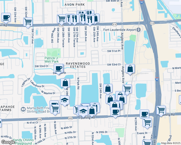 map of restaurants, bars, coffee shops, grocery stores, and more near 2436 Southwest 54th Street in Fort Lauderdale