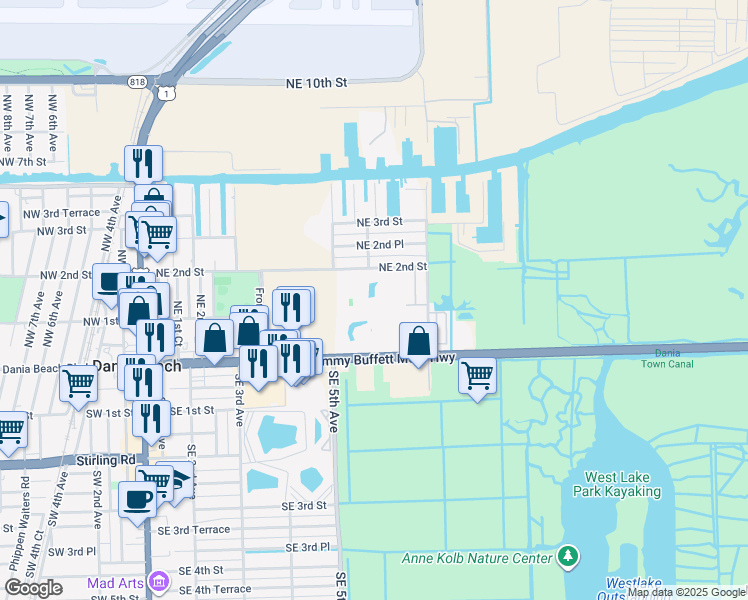 map of restaurants, bars, coffee shops, grocery stores, and more near in Dania Beach