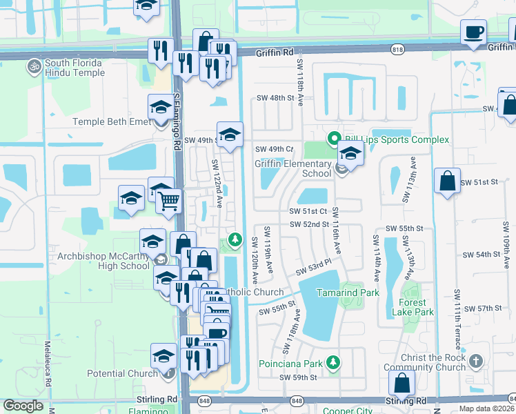 map of restaurants, bars, coffee shops, grocery stores, and more near 11991 Southwest 51st Court in Cooper City
