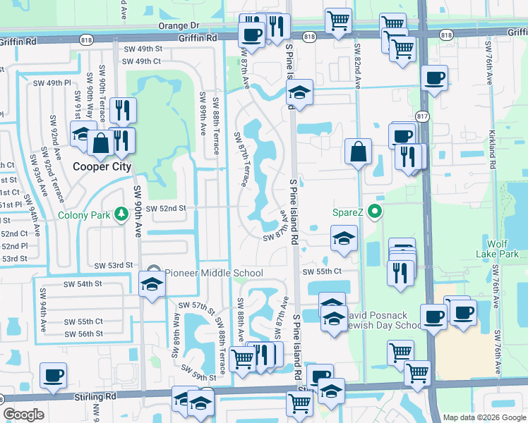 map of restaurants, bars, coffee shops, grocery stores, and more near 8715 Southwest 52nd Street in Cooper City