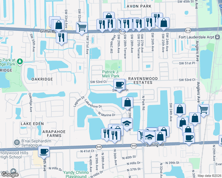 map of restaurants, bars, coffee shops, grocery stores, and more near 2917 Southwest 54th Street in Fort Lauderdale