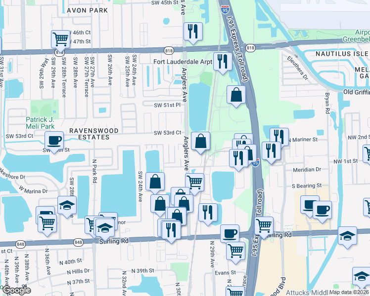 map of restaurants, bars, coffee shops, grocery stores, and more near 5411 Anglers Avenue in Fort Lauderdale