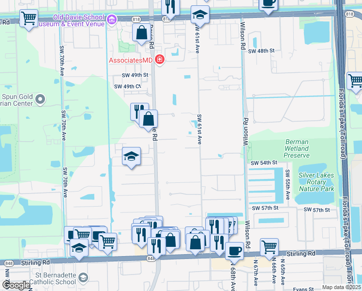 map of restaurants, bars, coffee shops, grocery stores, and more near 6119 Southwest 53 Place in Davie