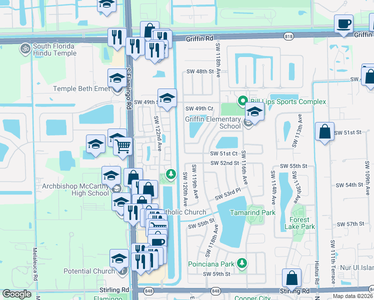 map of restaurants, bars, coffee shops, grocery stores, and more near 11991 Southwest 51st Court in Cooper City