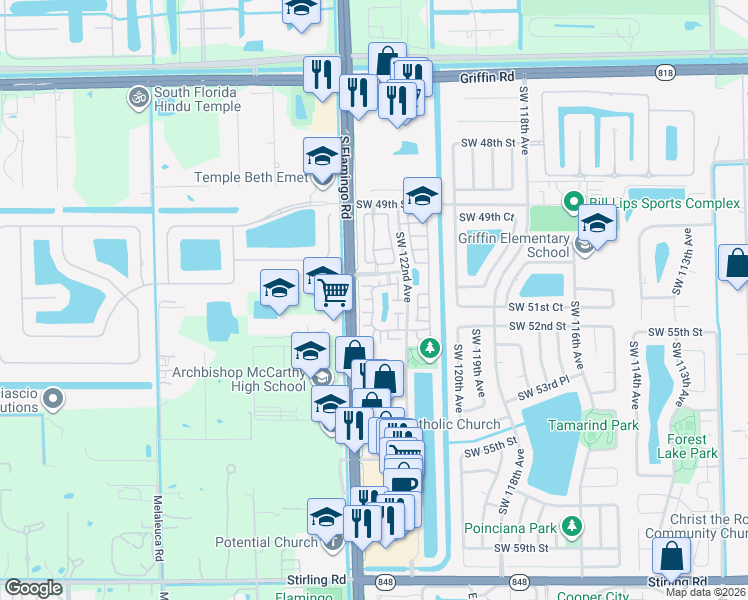 map of restaurants, bars, coffee shops, grocery stores, and more near 12397 Southwest 51st Place in Cooper City