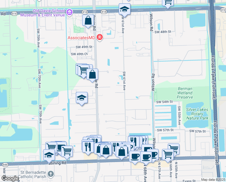 map of restaurants, bars, coffee shops, grocery stores, and more near 6119 Southwest 53 Place in Davie