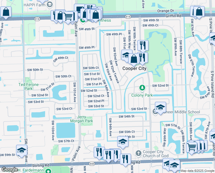 map of restaurants, bars, coffee shops, grocery stores, and more near 5188 Southwest 94th Avenue in Cooper City