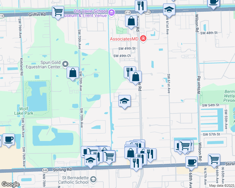 map of restaurants, bars, coffee shops, grocery stores, and more near 5205 Golden Eagle Terrace in Davie