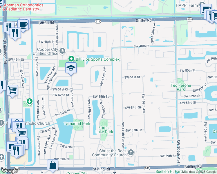 map of restaurants, bars, coffee shops, grocery stores, and more near 11201 Southwest 52nd Street in Fort Lauderdale