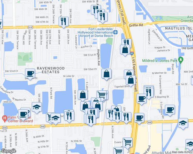map of restaurants, bars, coffee shops, grocery stores, and more near 5411 Anglers Ave in Fort Lauderdale