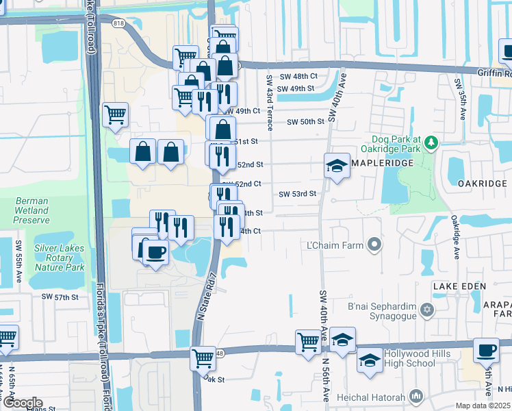 map of restaurants, bars, coffee shops, grocery stores, and more near 4431 Southwest 54th Street in Fort Lauderdale