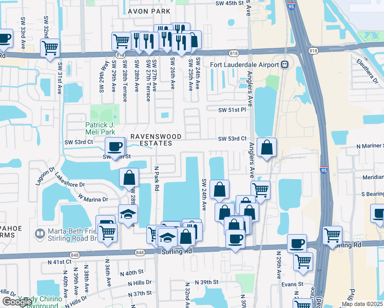 map of restaurants, bars, coffee shops, grocery stores, and more near 2436 Southwest 54th Street in Fort Lauderdale