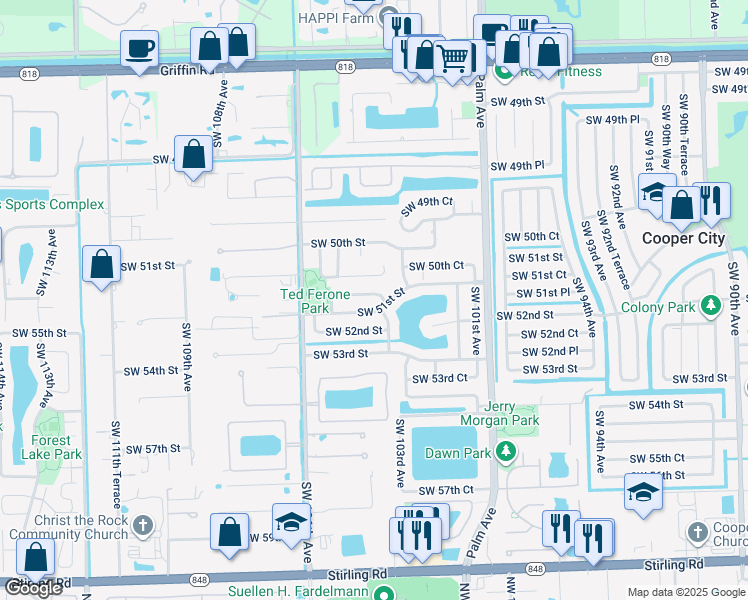 map of restaurants, bars, coffee shops, grocery stores, and more near 5090 Southwest 103rd Terrace in Cooper City