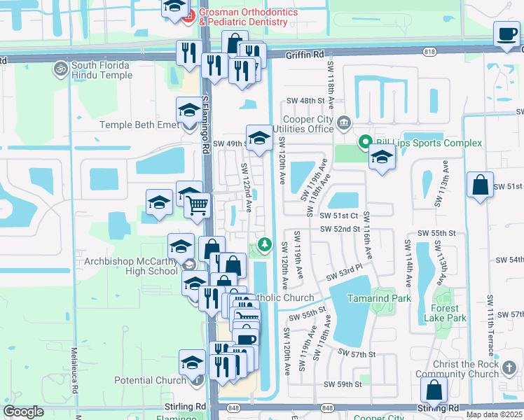 map of restaurants, bars, coffee shops, grocery stores, and more near 12158 Southwest 51st Court in Cooper City