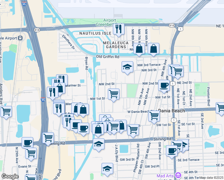 map of restaurants, bars, coffee shops, grocery stores, and more near 150 Northwest 13th Avenue in Dania Beach