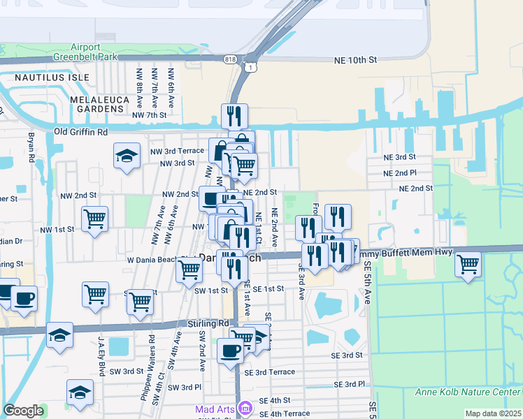 map of restaurants, bars, coffee shops, grocery stores, and more near 118 Northeast 1st Court in Dania Beach