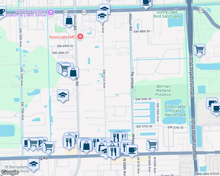map of restaurants, bars, coffee shops, grocery stores, and more near 5380 Southwest 61st Avenue in Davie