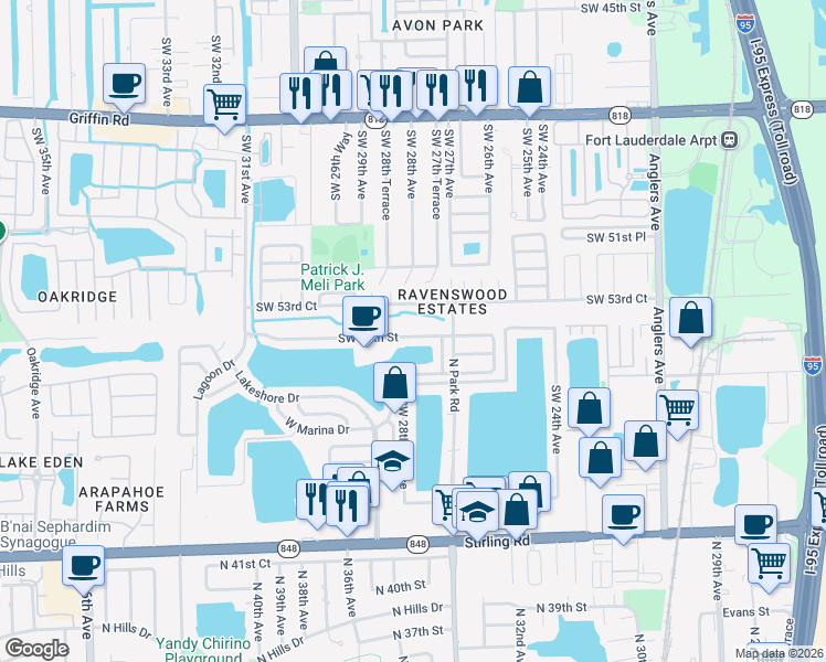 map of restaurants, bars, coffee shops, grocery stores, and more near 2775 Southwest 54th Street in Fort Lauderdale