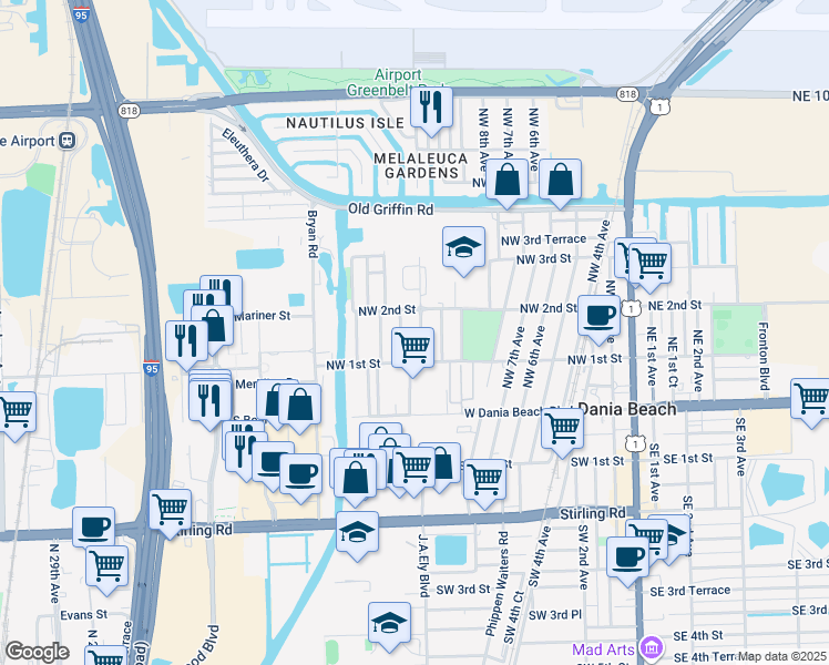 map of restaurants, bars, coffee shops, grocery stores, and more near 150 Northwest 13th Avenue in Dania Beach