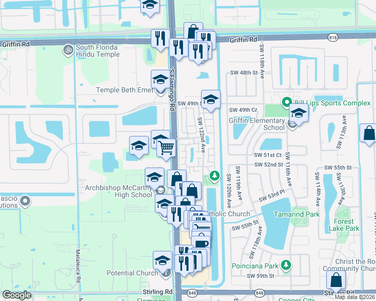 map of restaurants, bars, coffee shops, grocery stores, and more near 5189 Southwest 122nd Terrace in Cooper City