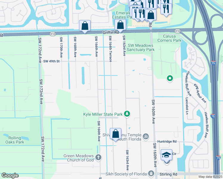 map of restaurants, bars, coffee shops, grocery stores, and more near 5109 Southwest 164th Terrace in Southwest Ranches
