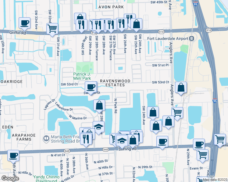 map of restaurants, bars, coffee shops, grocery stores, and more near 2701 Southwest 54th Street in Fort Lauderdale
