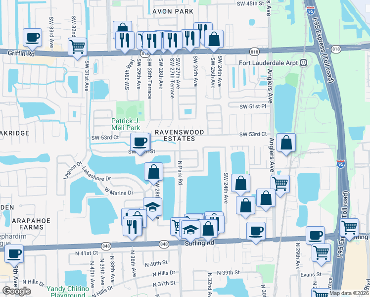 map of restaurants, bars, coffee shops, grocery stores, and more near 2671 Southwest 54th Street in Fort Lauderdale
