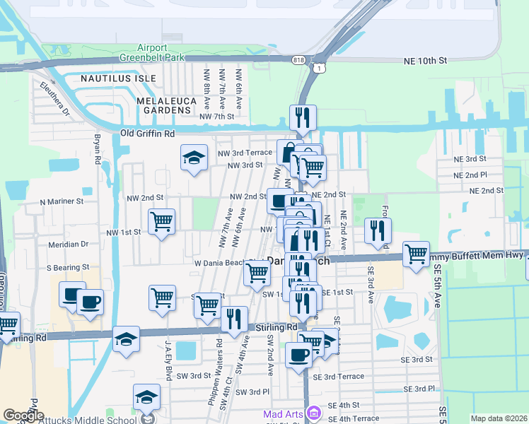 map of restaurants, bars, coffee shops, grocery stores, and more near 126 Northwest 5th Avenue in Dania Beach