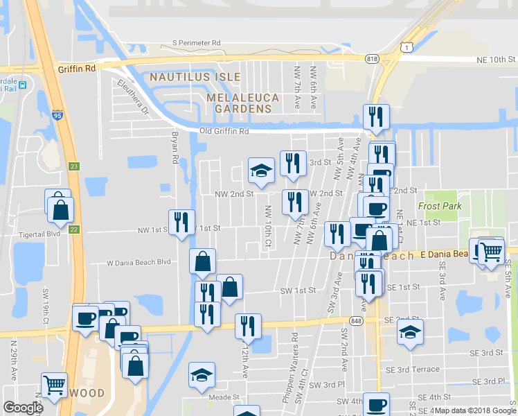 map of restaurants, bars, coffee shops, grocery stores, and more near 124 Northwest 11th Avenue in Dania Beach