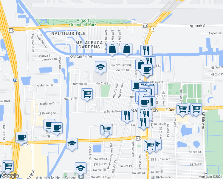 map of restaurants, bars, coffee shops, grocery stores, and more near 124 Northwest 7th Avenue in Dania Beach