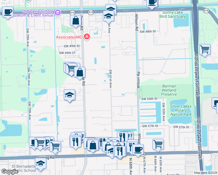 map of restaurants, bars, coffee shops, grocery stores, and more near 5380 Southwest 61st Avenue in Davie