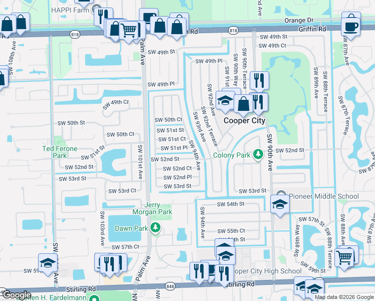 map of restaurants, bars, coffee shops, grocery stores, and more near 9424 Southwest 51st Place in Cooper City