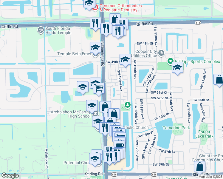 map of restaurants, bars, coffee shops, grocery stores, and more near 5189 Southwest 122nd Terrace in Cooper City
