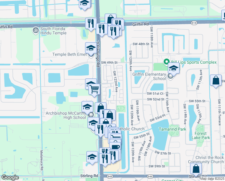 map of restaurants, bars, coffee shops, grocery stores, and more near 5189 Southwest 122nd Terrace in Cooper City