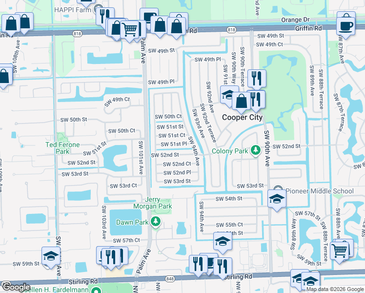 map of restaurants, bars, coffee shops, grocery stores, and more near 9424 Southwest 51st Place in Cooper City