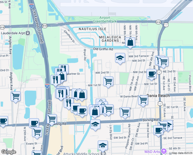 map of restaurants, bars, coffee shops, grocery stores, and more near 148 Northwest 14th Way in Dania Beach