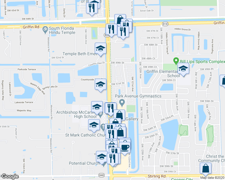 map of restaurants, bars, coffee shops, grocery stores, and more near 12397 Southwest 51st Place in Cooper City