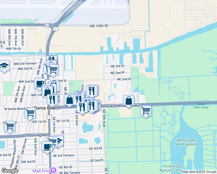 map of restaurants, bars, coffee shops, grocery stores, and more near in Dania Beach