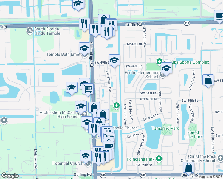 map of restaurants, bars, coffee shops, grocery stores, and more near 12158 Southwest 51st Court in Cooper City