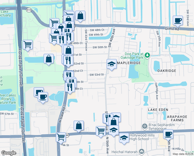 map of restaurants, bars, coffee shops, grocery stores, and more near 5333 Southwest 40th Avenue in Fort Lauderdale