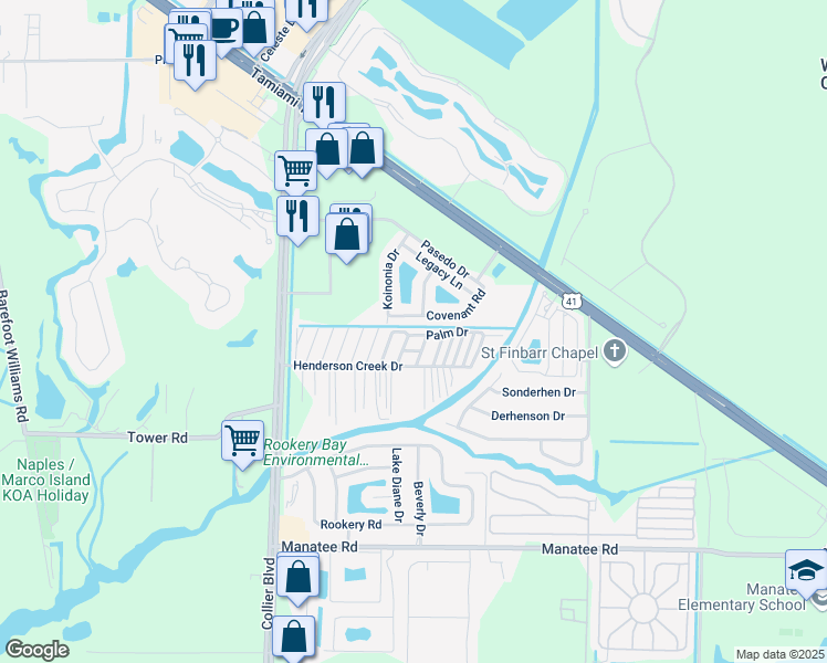 map of restaurants, bars, coffee shops, grocery stores, and more near 455 Palm Drive in Naples