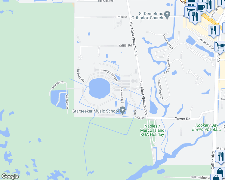 map of restaurants, bars, coffee shops, grocery stores, and more near Santiago Circle in Collier County