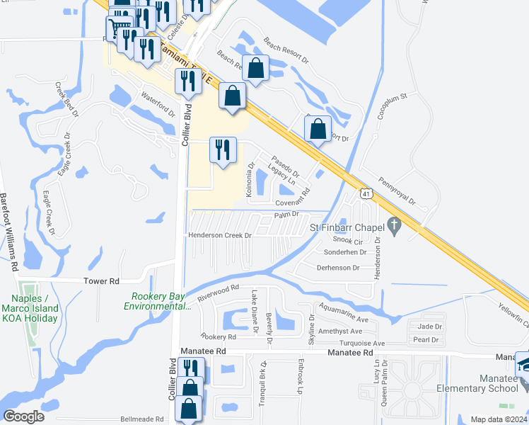 map of restaurants, bars, coffee shops, grocery stores, and more near 455 Palm Drive in Naples