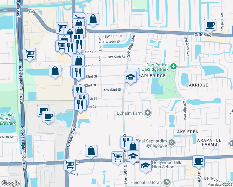 map of restaurants, bars, coffee shops, grocery stores, and more near 5333 Southwest 40th Avenue in Fort Lauderdale