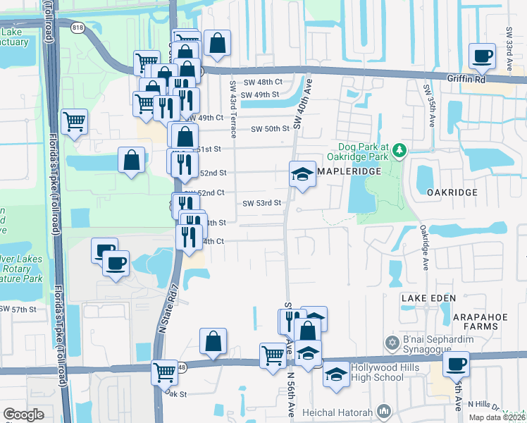 map of restaurants, bars, coffee shops, grocery stores, and more near 5333 Southwest 40th Avenue in Fort Lauderdale