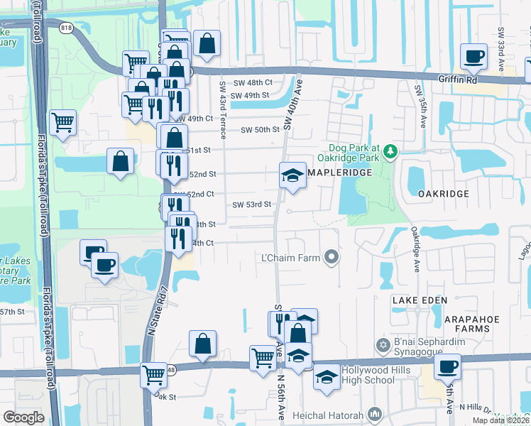map of restaurants, bars, coffee shops, grocery stores, and more near 5333 Southwest 40th Avenue in Fort Lauderdale