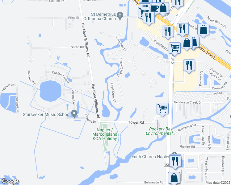 map of restaurants, bars, coffee shops, grocery stores, and more near 564 Eagle Creek Drive in Naples